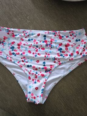 Floral White High-Rise Bikini Bottoms in Pink & Blue